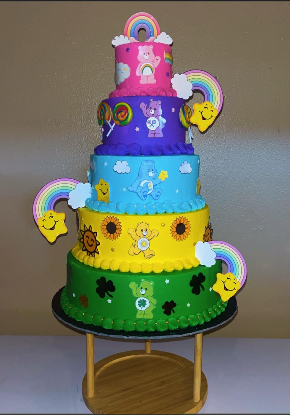 Five-tier rainbow Care Bears birthday cake