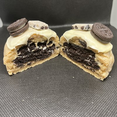 Stuffed Oreo cookie broken open to show the cookie inside